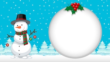 Cheerful snowman in top hat and scarf beside a large blank white ornament with holly, against snowy winter trees and blue sky.