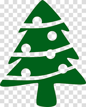Green stylized Christmas tree with white ornaments and garland on transparent background.
