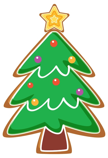 Festive green Christmas tree cookie with colorful ornaments and a golden star on top.