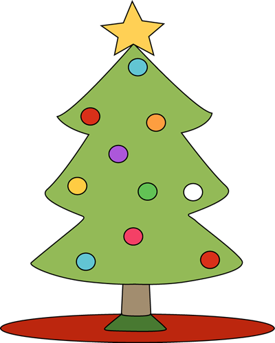 A cheerful cartoon-style Christmas tree with colorful ornaments, a yellow star topper, and a red tree skirt on a black background.