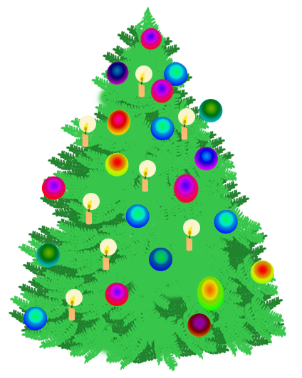 A vibrant, stylized Christmas tree adorned with colorful ornaments and glowing candles against a rainbow-striped background.