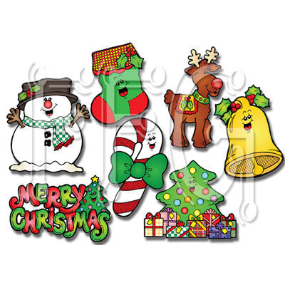 Festive Christmas clipart set featuring snowman, stocking, reindeer, bell, candy cane, tree, gifts, and "Merry Christmas" text.