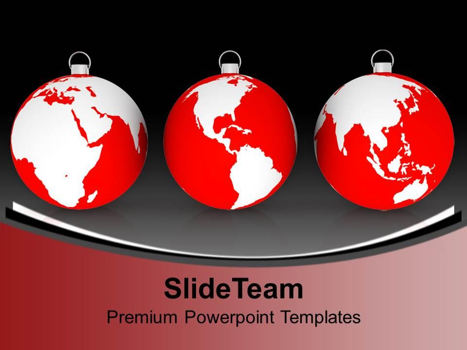 Three red-and-white globe-shaped Christmas ornaments displaying world continents on a sleek black and red background.