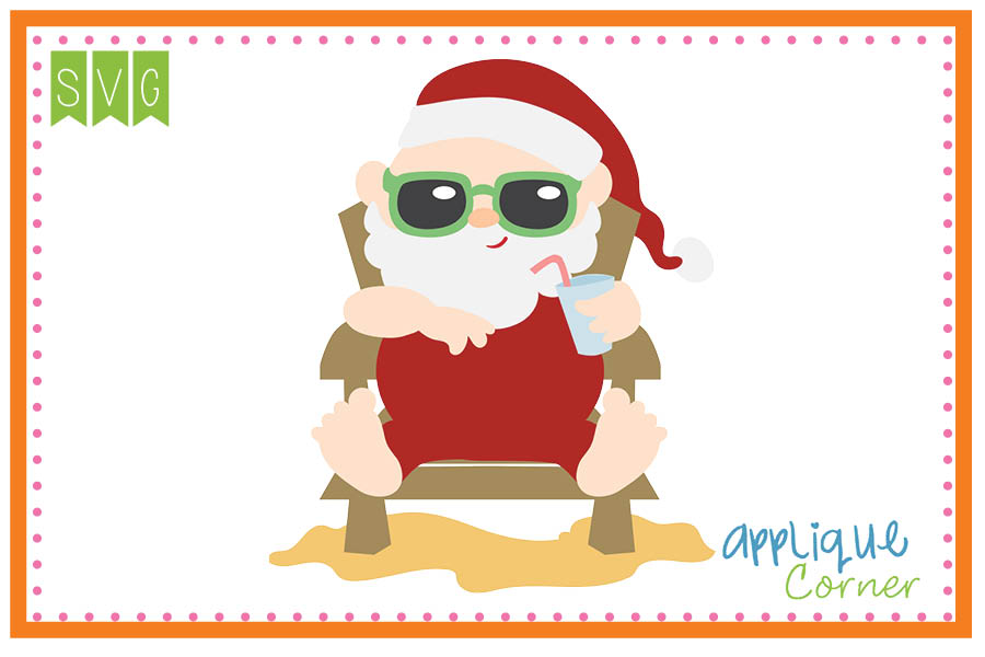 Santa Claus in sunglasses relaxing on a beach chair with a drink, wearing red suit and hat, sandy feet.