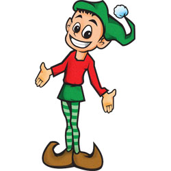 Cheerful cartoon elf in red shirt, green hat and striped tights, smiling with open arms.