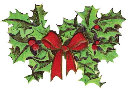 Festive holly wreath with green leaves, red berries, and a bright red bow.