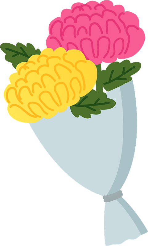 A bouquet of pink and yellow carnations wrapped in light blue paper with green leaves.