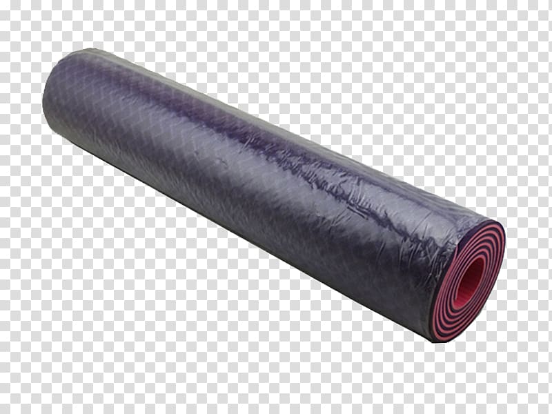 Rolled purple yoga mat with red interior, textured surface, on transparent background.
