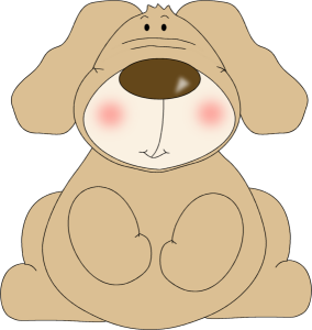 Cute cartoon beige puppy with floppy ears, blushing cheeks, and a friendly expression sitting upright.