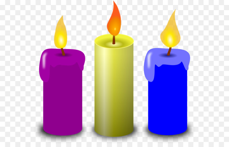 Three lit candles in purple, yellow, and blue with dripping wax and glowing flames on transparent background.