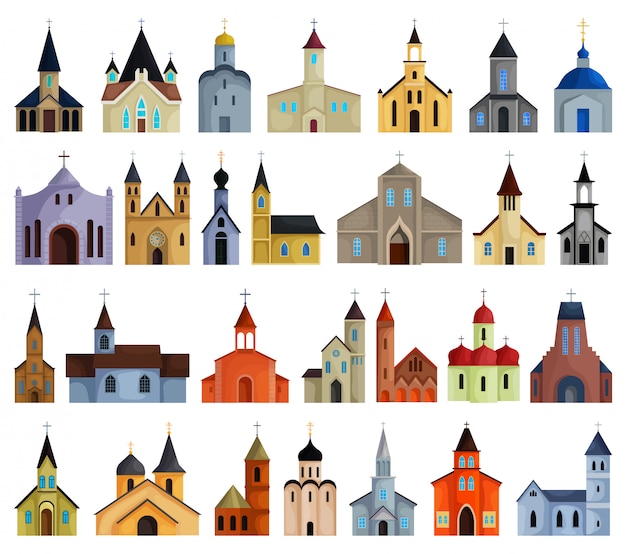 Collection of 24 colorful cartoon-style church illustrations with diverse architectural styles and domes.