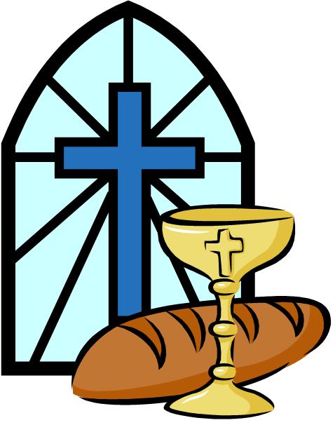 Stained glass window with blue cross, golden chalice, and loaf of bread symbolizing Christian communion.