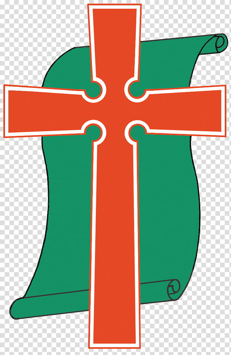 Red Christian cross overlaid on a green scroll, symbolizing faith and scripture.