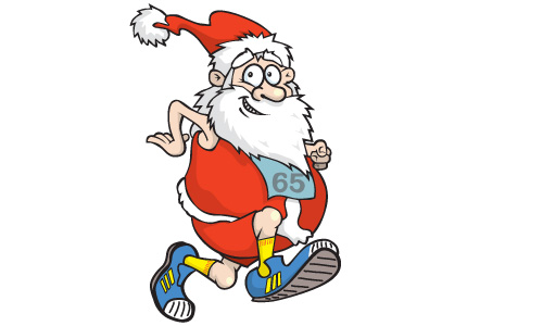 Jolly Santa Claus in running pose wearing race bib #65, blue sneakers, and red suit with white trim.