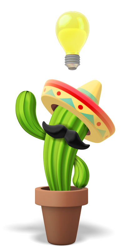 A cartoon cactus in a terracotta pot wearing a colorful sombrero and black mustache, with a glowing lightbulb above its head.