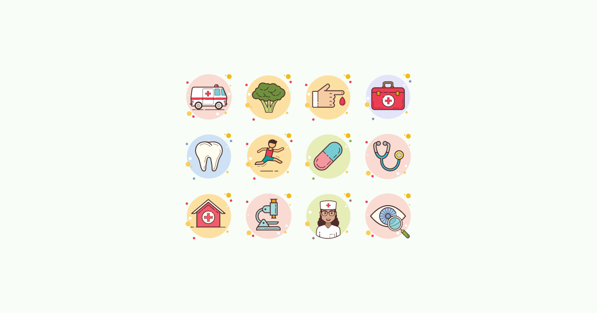 Collection of 12 colorful medical and health icons including ambulance, broccoli, stethoscope, tooth, pill, nurse, microscope, and eye exam.