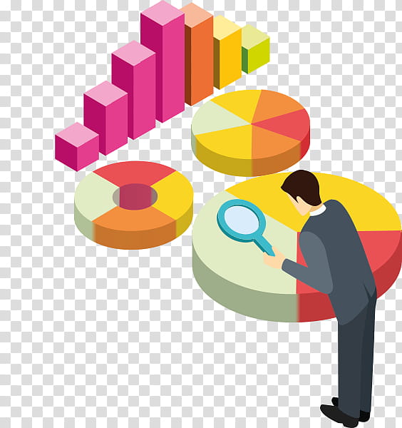 Business analyst examining colorful 3D pie and bar charts with a magnifying glass for data insights.