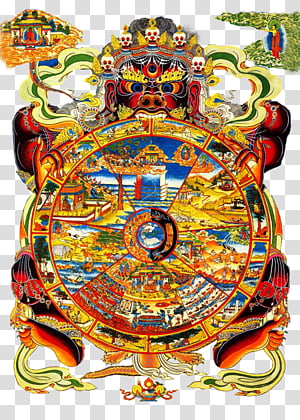 Tibetan Buddhist Wheel of Life (Bhavachakra) depicting samsara, karma, and the path to liberation, surrounded by symbolic guardians.