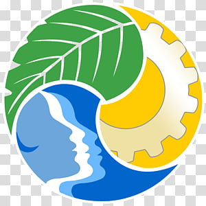 Circular logo with green leaf, yellow gear, and blue human profile symbolizing sustainability, technology, and people.
