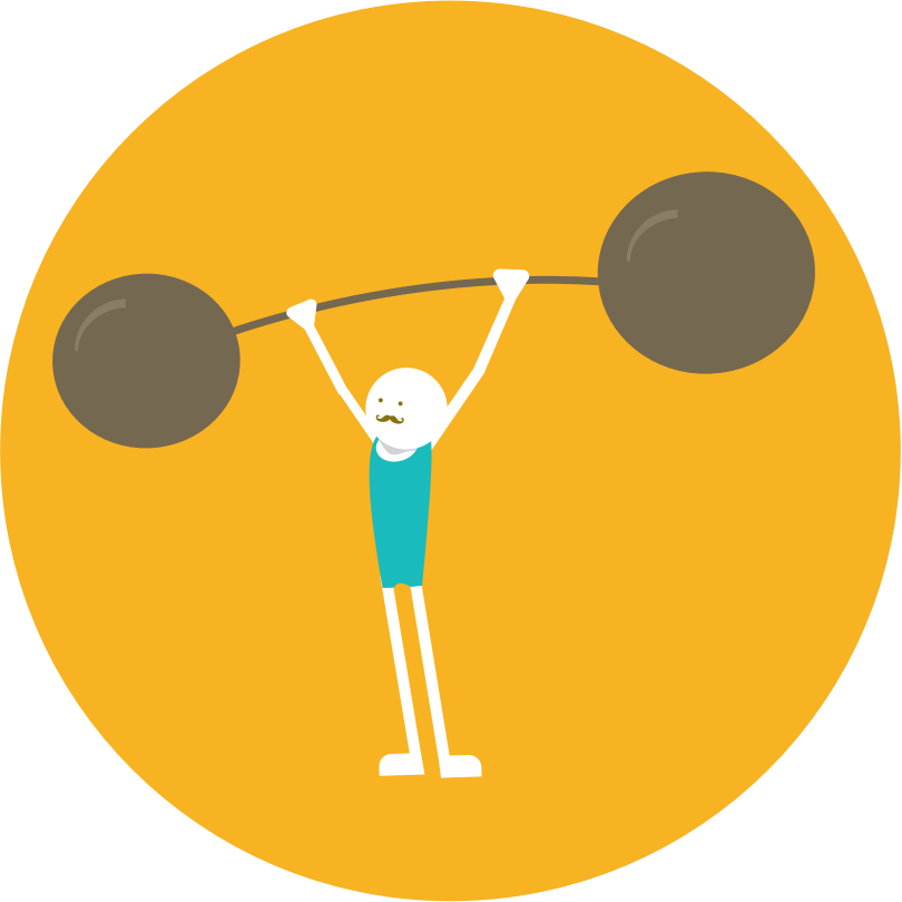 A cartoon figure with a mustache lifts a heavy barbell overhead against a yellow background.