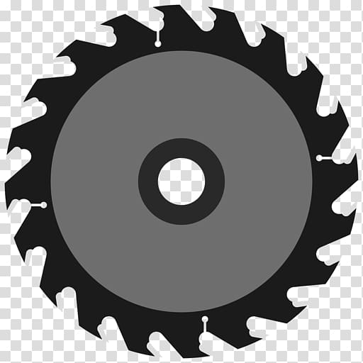 Circular saw blade with sharp teeth and central mounting hole, isolated on transparent background.