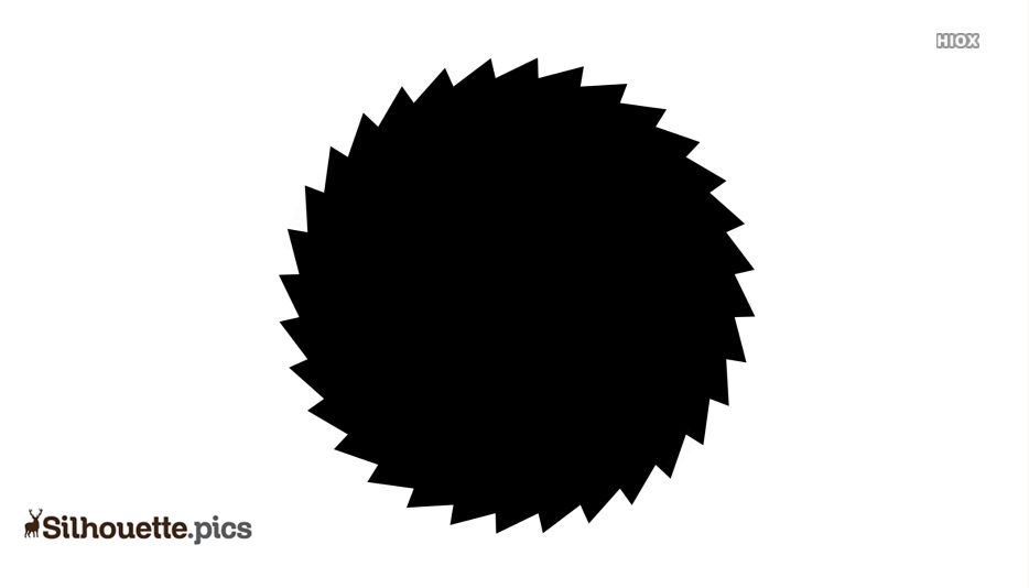 Black circular saw blade silhouette with sharp jagged teeth on white background.