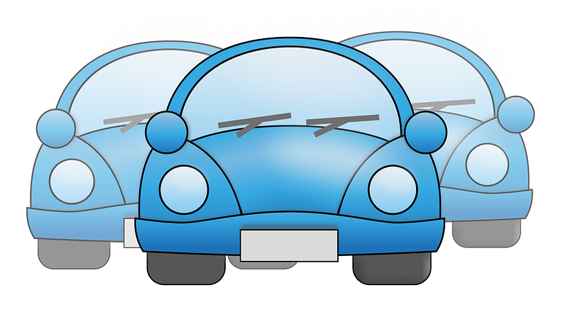 Three blue cartoon-style cars lined up front-facing, with rounded shapes and expressive headlights.