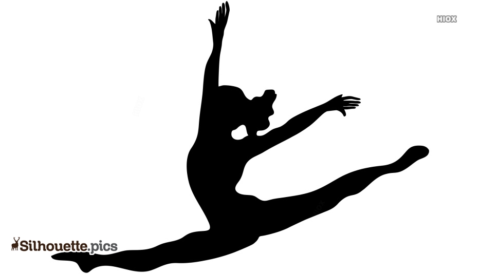 Silhouette of a female dancer performing a high split leap with arms extended gracefully upward.