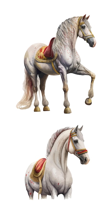 Two elegant white horses with ornate saddles and bridles, one rearing and one standing calmly.