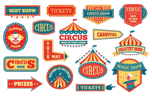 Vintage circus-themed signage collection with tents, clowns, tickets, and carnival banners in retro color palette.