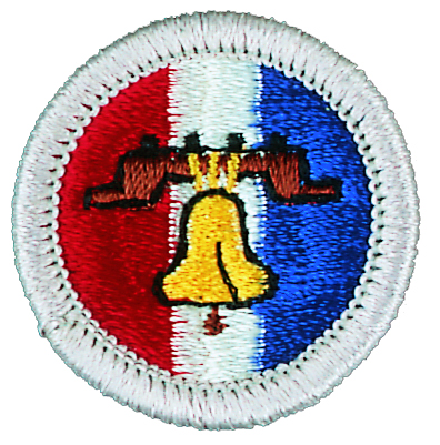 Embroidered circular patch featuring the Liberty Bell on red, white, and blue striped background, symbolizing American patriotism.