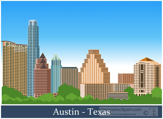 Stylized skyline of Austin, Texas featuring modern skyscrapers, green trees, and a clear blue sky.