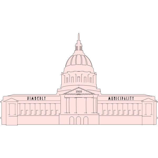 Line drawing of Kimberley Municipality building with dome and "1910" inscription, rendered in pale pink on black background.