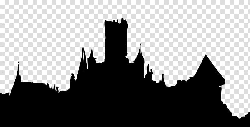 Silhouette of a medieval fantasy castle with spires, towers, and battlements against transparent background.