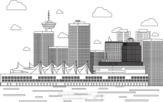 Line-art skyline of Vancouver featuring the CN Tower, modern skyscrapers, and the sail-like roof of Canada Place.
