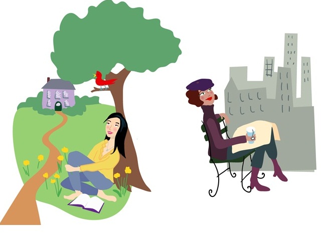 Finding Peace in Nature vs. City Life - Illustration of Dual Reading Environments