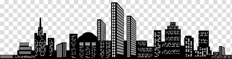 Black-and-white stylized city skyline silhouette with illuminated windows and varied building shapes on transparent background.
