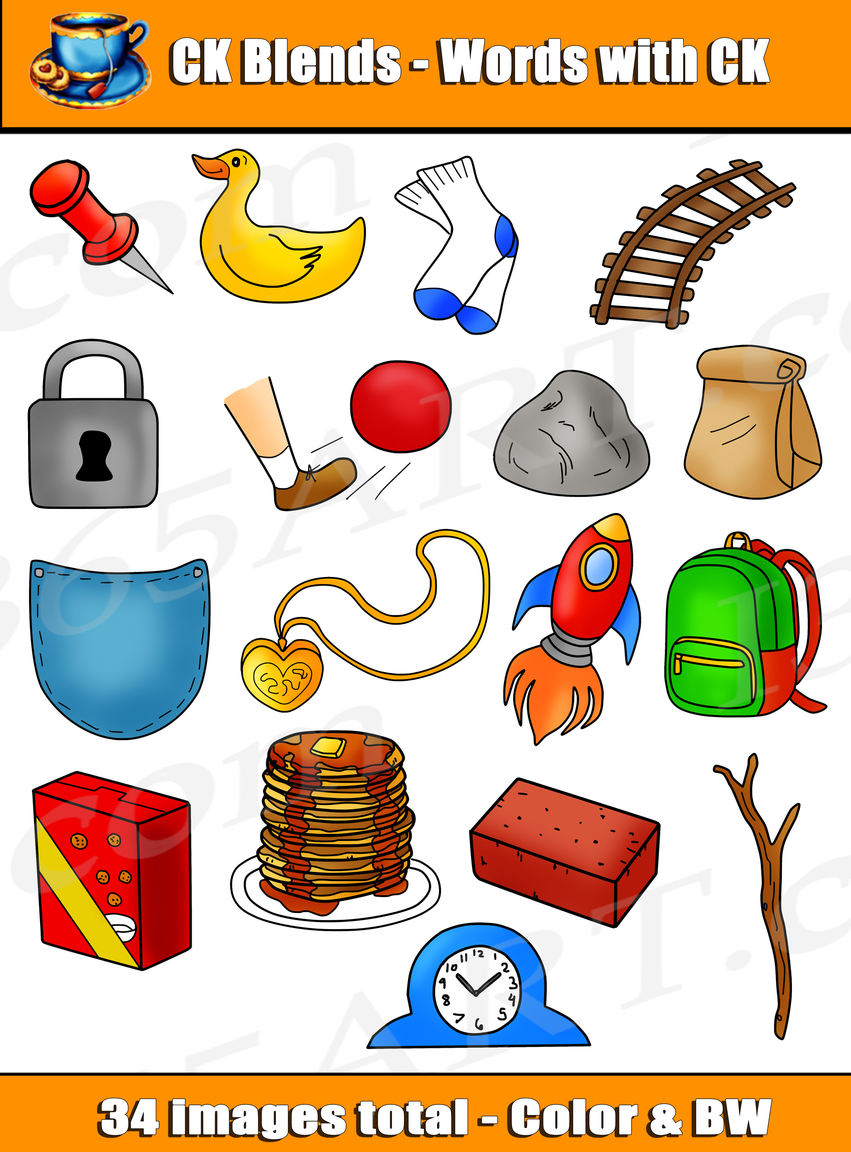 Educational clipart set showing 16 colorful illustrations of CK-blend words like duck, lock, rocket, and pancake for phonics learning.