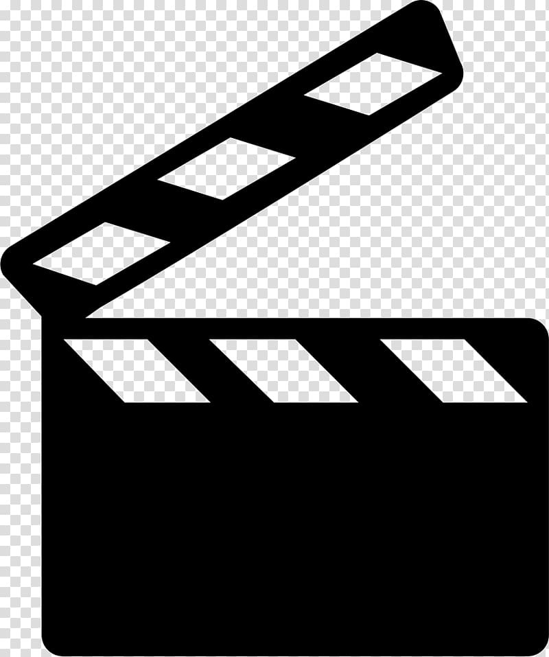 Black film clapperboard icon with open hinged top and striped frame, on transparent background.