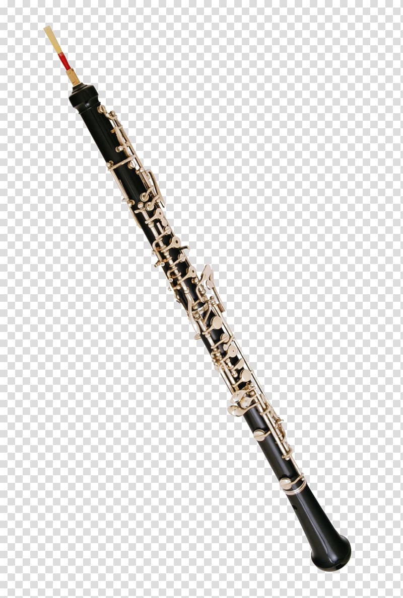 Black oboe with silver keys and cane reed, isolated on transparent background.