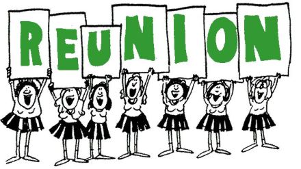 Cheerful cartoon girls holding signs spelling "REUNION" in green letters.