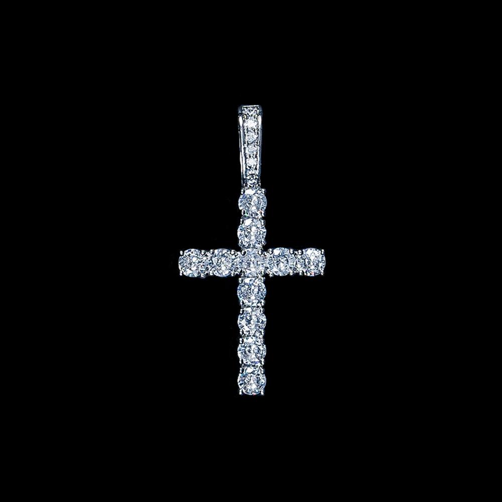 Sparkling diamond-encrusted cross pendant in white gold or platinum, set against black background.