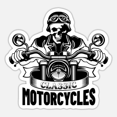 Skull-headed biker in goggles and leather jacket riding a classic motorcycle with "Classic Motorcycles" banner below.