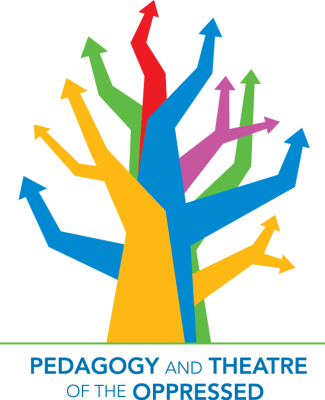 Colorful tree with upward-pointing arrows symbolizing growth and empowerment in education and theatre for the oppressed.