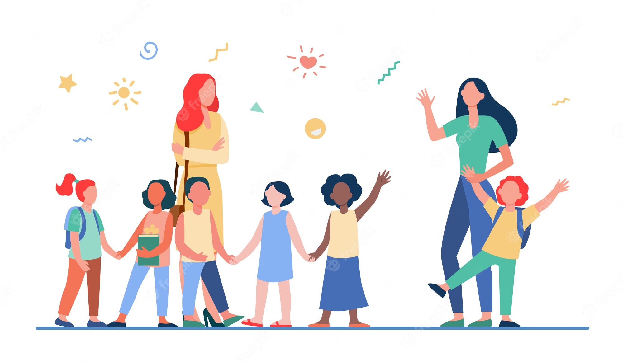 Two teachers guiding diverse children in a joyful, colorful school setting with playful icons overhead.