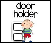 Cartoon child holding a door open, labeled "door holder"