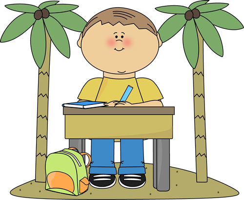 A cartoon boy studying at a desk between two palm trees with a backpack nearby.