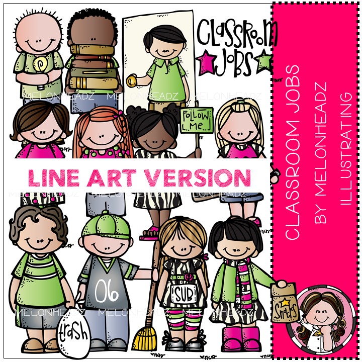 Colorful line art and full-color illustrations of diverse children performing classroom jobs like librarian, line leader, and trash monitor.