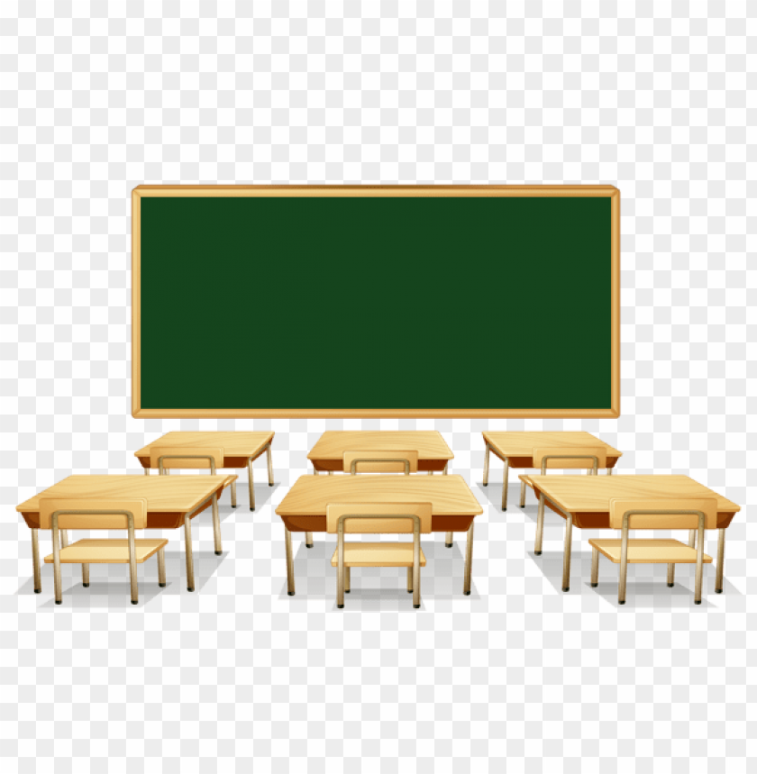 Empty classroom with wooden desks, chairs, and a green chalkboard on transparent background.