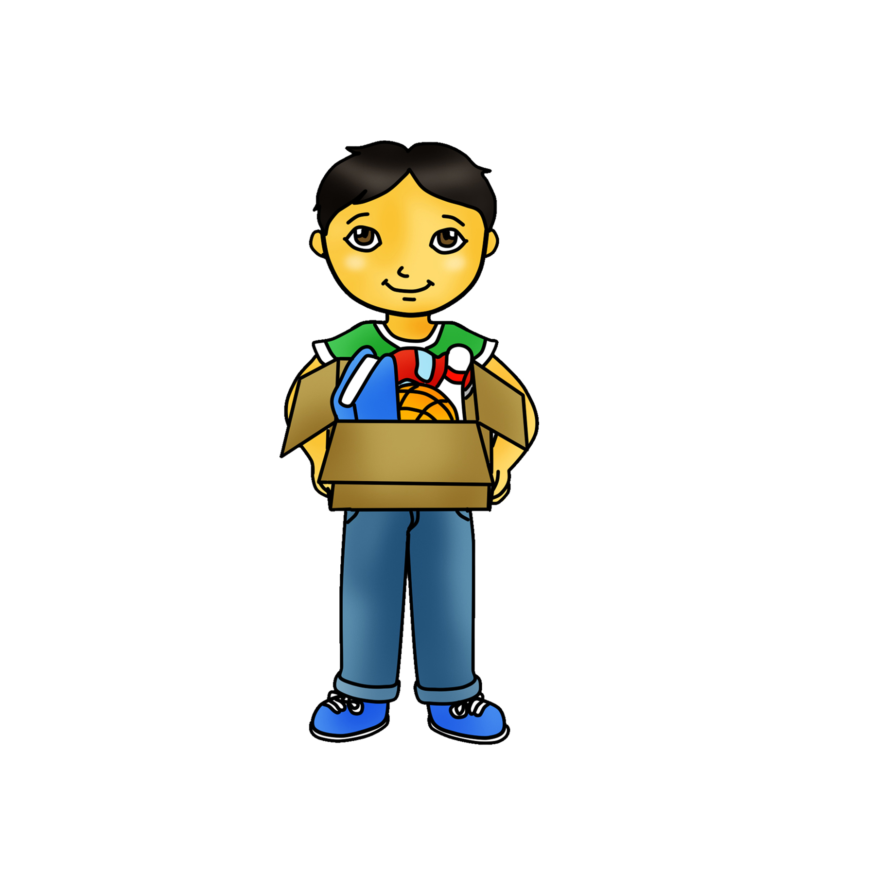 A smiling boy holding a cardboard box filled with toys and school supplies.